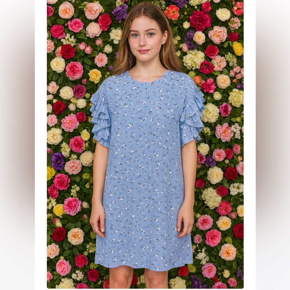 CeCe Womens Blue White Floral pleated Ruffle sleeve Summer Mini Dress‎ size S